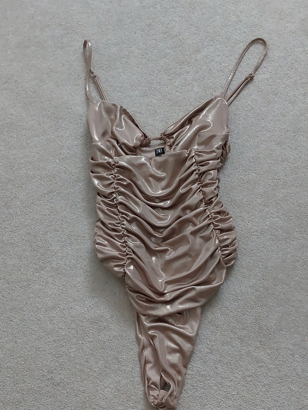 Zara Shimmery Blush Ruched Satin Bodysuit